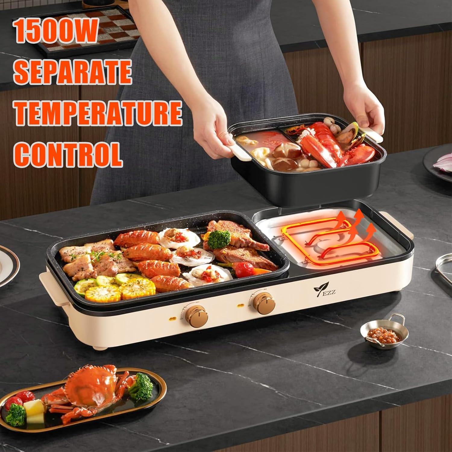81sneHrbcOL._AC_SL1500_.jpg Electric Hot Pot with Grill,2-10 People Indoor Hot Pot 2 in 1 Multi-function Smokeless Shabu-Shabu Hotpot Korean BBQ Grill for Simmer,Separate Dual Temperature Contral (BEIGE pot) - Image 6
