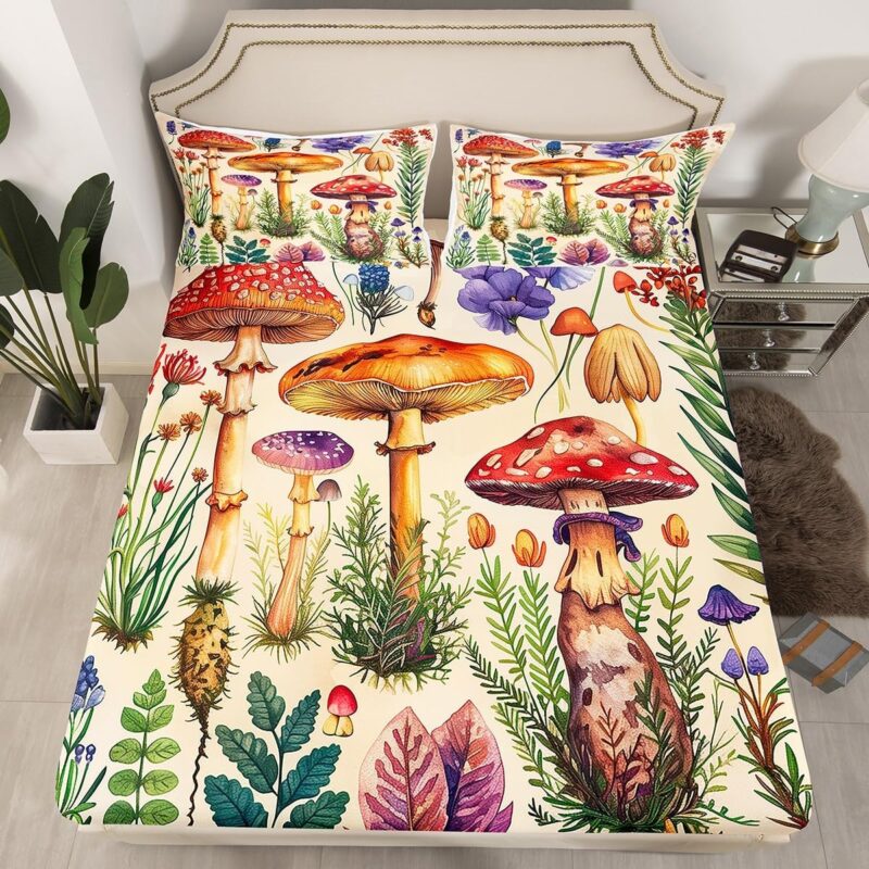Feelyou Cute Mushroom Fitted Sheet Queen Size Kids Wild Mushrooms Bed Sheet Set for Boys Girls Teens Kawaii Fungus Bedding Set Breathable Cartoon Mushroom Bed Cover Floral Plants Bed Set