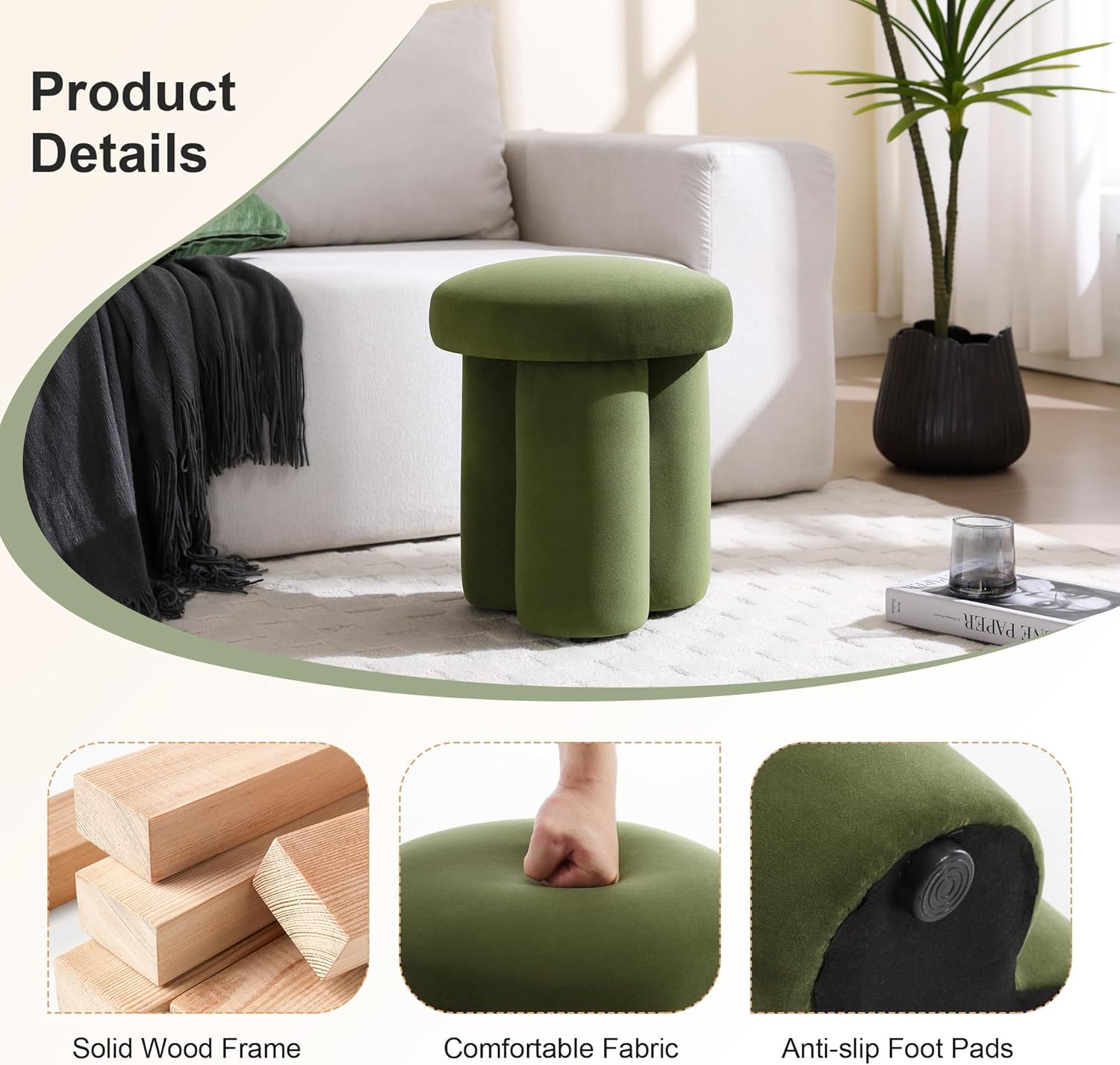 81thaTBeatL._AC_SL1500_.jpg Modern Mushroom Ottoman Stool, Velvet Small Ottoman with Round Padded Seat, Cute Makeup Vanity Stool for Bedroom/Living Room/Hallway, Green - Image 3