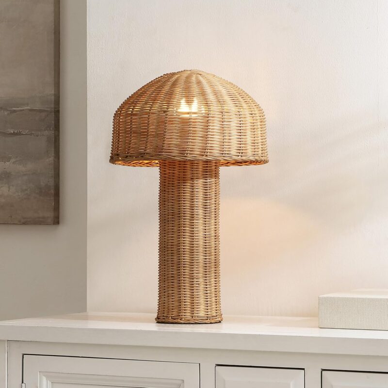 SAFAVIEH Lighting Collection Mikayla Brown Rattan Dome Mushroom 16-inch Table Lamp for Bedroom, Living Room, Home Office, Desk, Nightstand (LED Bulb Included)