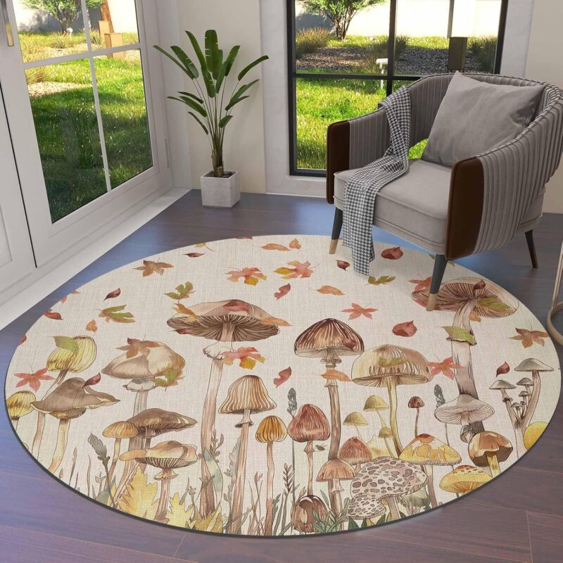 Round Rugs for Living Room Bedroom, 3.3 Ft, Autumn Vintage Watercolor Mushroom Leaves Linen Washable Non Slip Fluffy Circle Area Rug, Soft Low Pile Indoor Carpet for Entryway Dining Room
