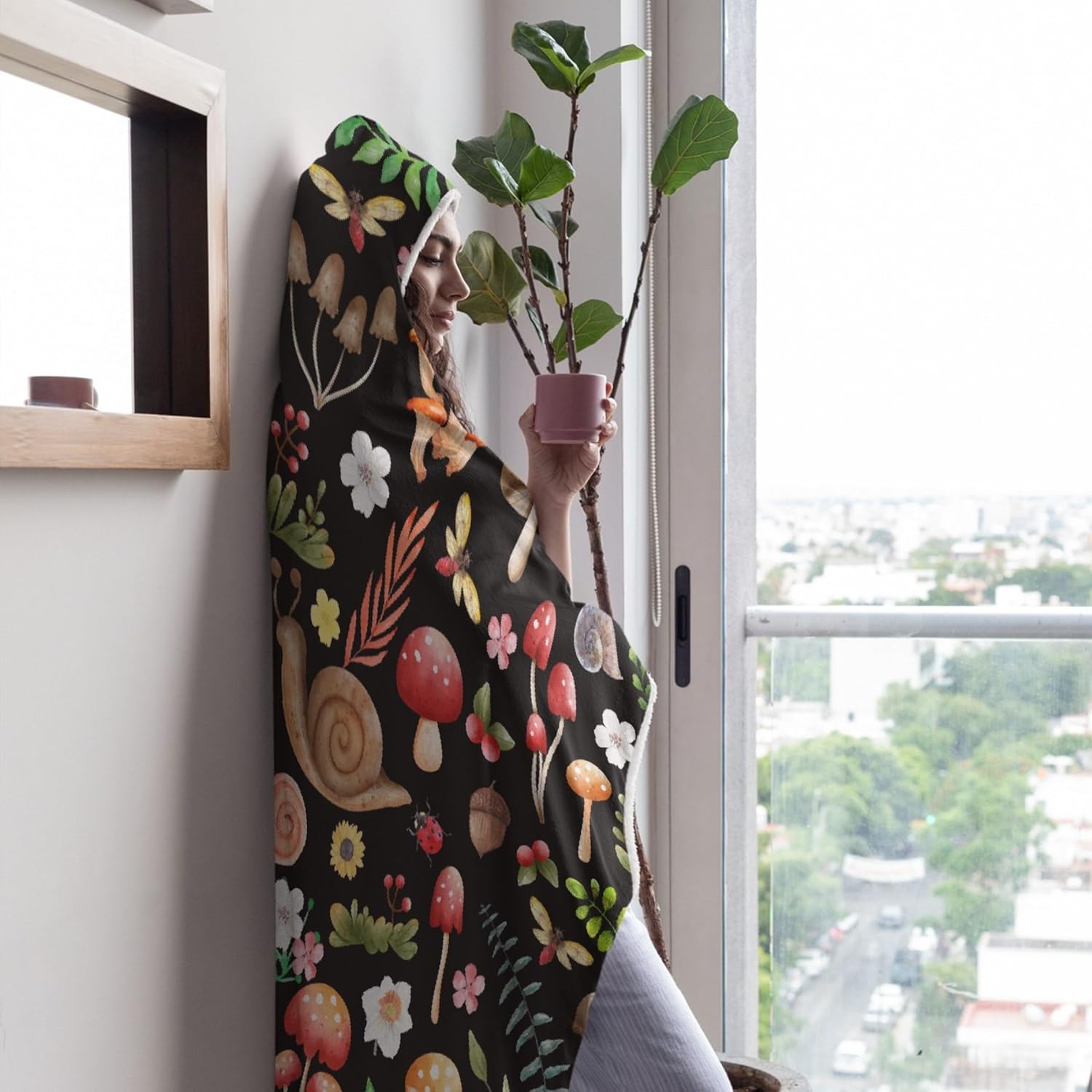 81uw58jgZ-L._AC_SL1500_.jpg Mushroom Hooded Blanket Mushrooms Gifts for Women Soft Fleece Flannel Mushroom Throw Wearable Blanket All Season Plant Blankets for Bed Decorative 80"x60" for Audlt - Image 5