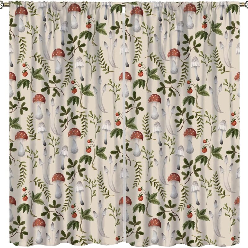 Mushroom Blackout Curtains, Colorful Cartoon Style Abstract Illustration Print Window Treatments for Living Room, Mushroom Seamless Pattern Curtain 2 Panel, 55x63 Inch