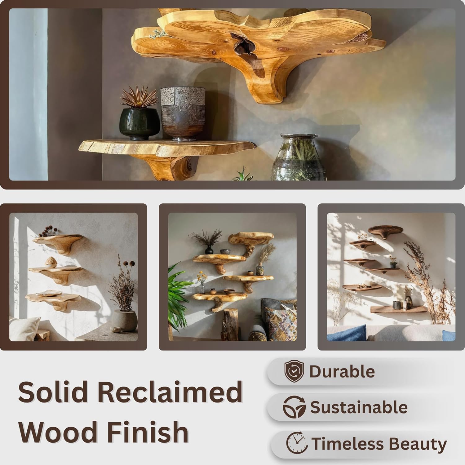 81vKdckgMRL._AC_SL1500_.jpg Live Edge Floating Shelves – Mushroom Shelf, Handcrafted Rustic Solid Wood, Heavy-Duty Hidden Brackets, Wall Mounted Decor (M4, 10" W x 8" D x 5" H, Medium Oak) - Image 3