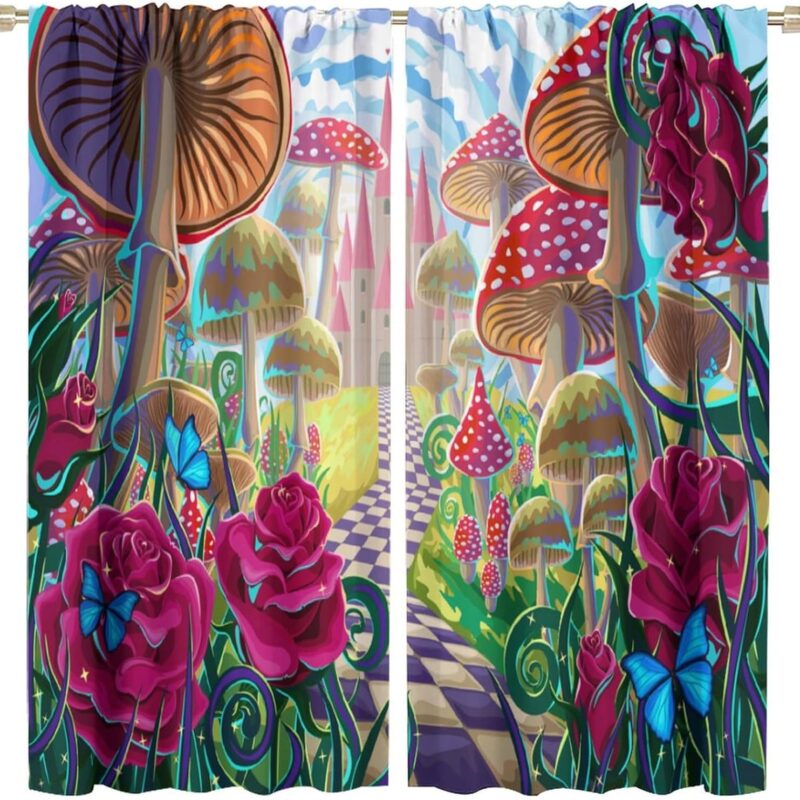 Fairy Tale Mushroom Curtains, Funny Colorful Fantastic Dreamy Castle Floral Pink Red Rose Butterfly, Blackout Rod Pocket Window Treatments for Living Room Bedroom Bathroom (26x84in) x2 Panels