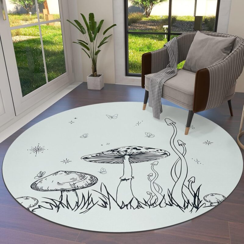Round Rugs for Living Room Bedroom, 4 Ft, Retro Mushrooms Butterflies and Grass Washable Non Slip Fluffy Circle Area Rug, Soft Low Pile Indoor Carpet for Entryway Dining Room