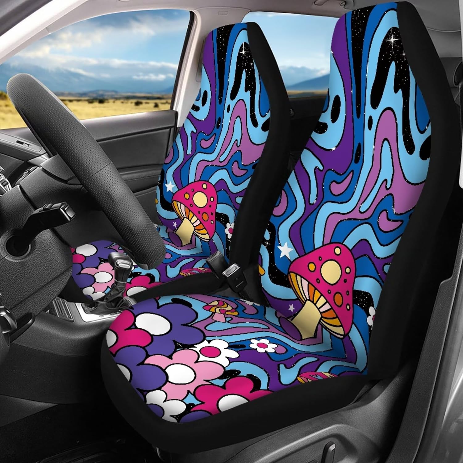 81wU73exA4L._AC_SL1500_.jpg Mushroom Blue Tie Dye Car Seat Covers Full Set Back Front Washable Seat Covers Automotive Interior Cover for Car Truck Van SUV - Image 6