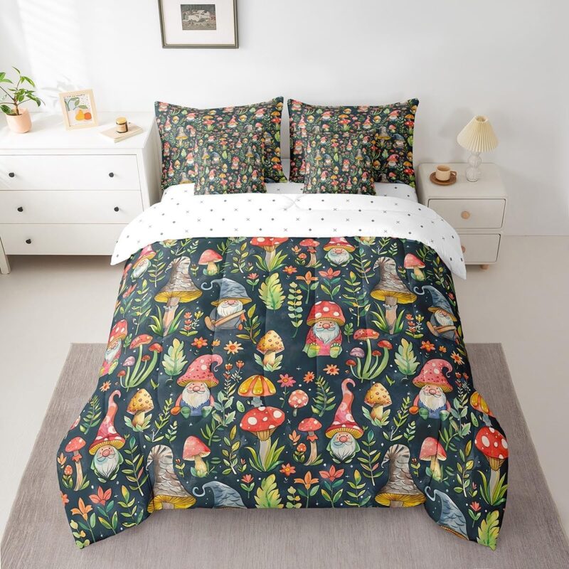Mushroom Gnome Comforter Set Bed in a Bag 7 Pieces King,Botanical Leaves Bedding Set for Girls Teens Kids,Colorful Mushroom Plants (Comforter+Fitted+Flat Sheet+2 Pillowcases+2 Throw Pillow Covers)