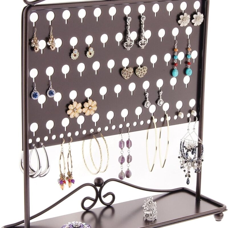 Angelynn's Freestanding Earring Holder Organizer for Post Stud Dangle Pierced Earrings, Hanging Jewelry Storage Rack, Ginger Rubbed Bronze