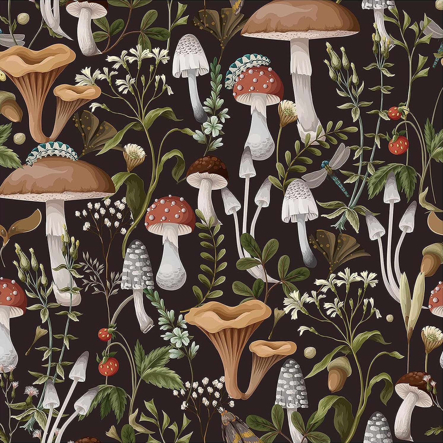 81xE2vCFKdL._AC_SL1494_.jpg Black Boho Mushroom Peel & Stick Vintage Floral Self-Adhesive Retro Removable Wallpaper 17.7"X32.8ft