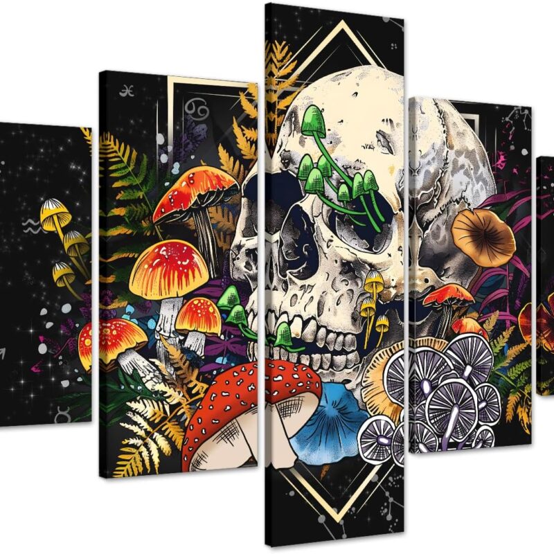 MAMAGO Large 5 Panels Colorful Mushroom Wall Art Vintage Abstract Skull Canvas Print Picture Gothic Aesthetic Artwork for Apartment Party Framed Wall Decor Ready to Hang-60 x 40 inch