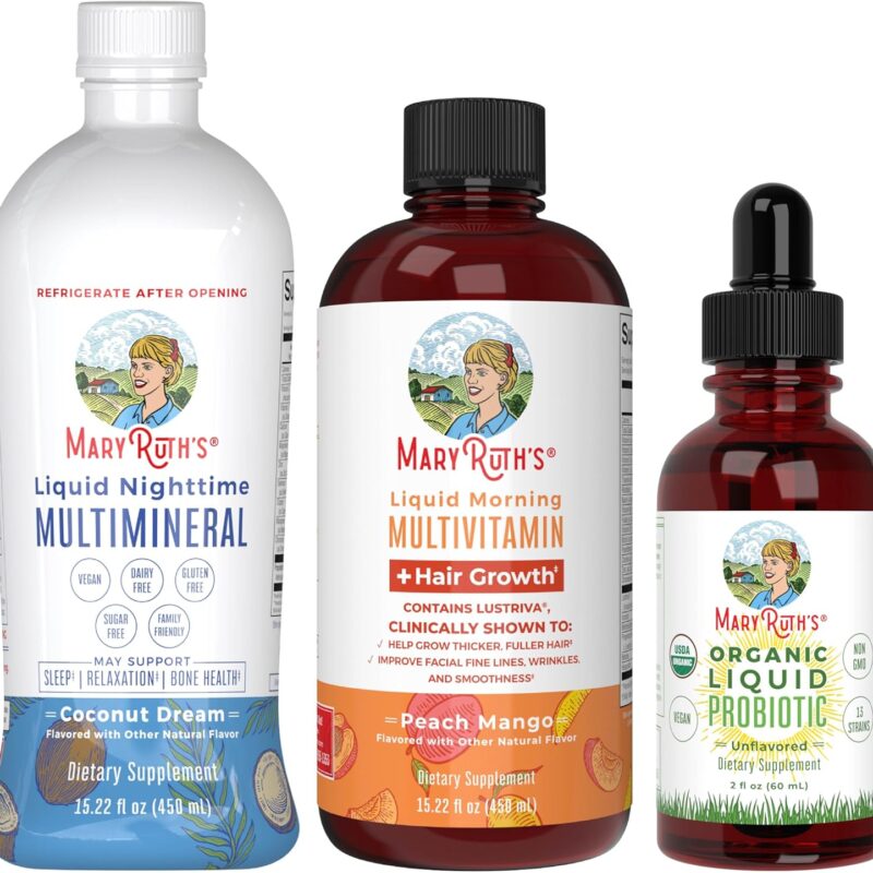 MaryRuth's Morning Multivitamin +Hair Growth (Peach Mango, 15oz), Nighttime Multimineral (Coconut, 15oz) & Probiotic Drops (2oz) | Vegan Vitamins for Beauty, Bedtime, & Wellness | Non-GMO