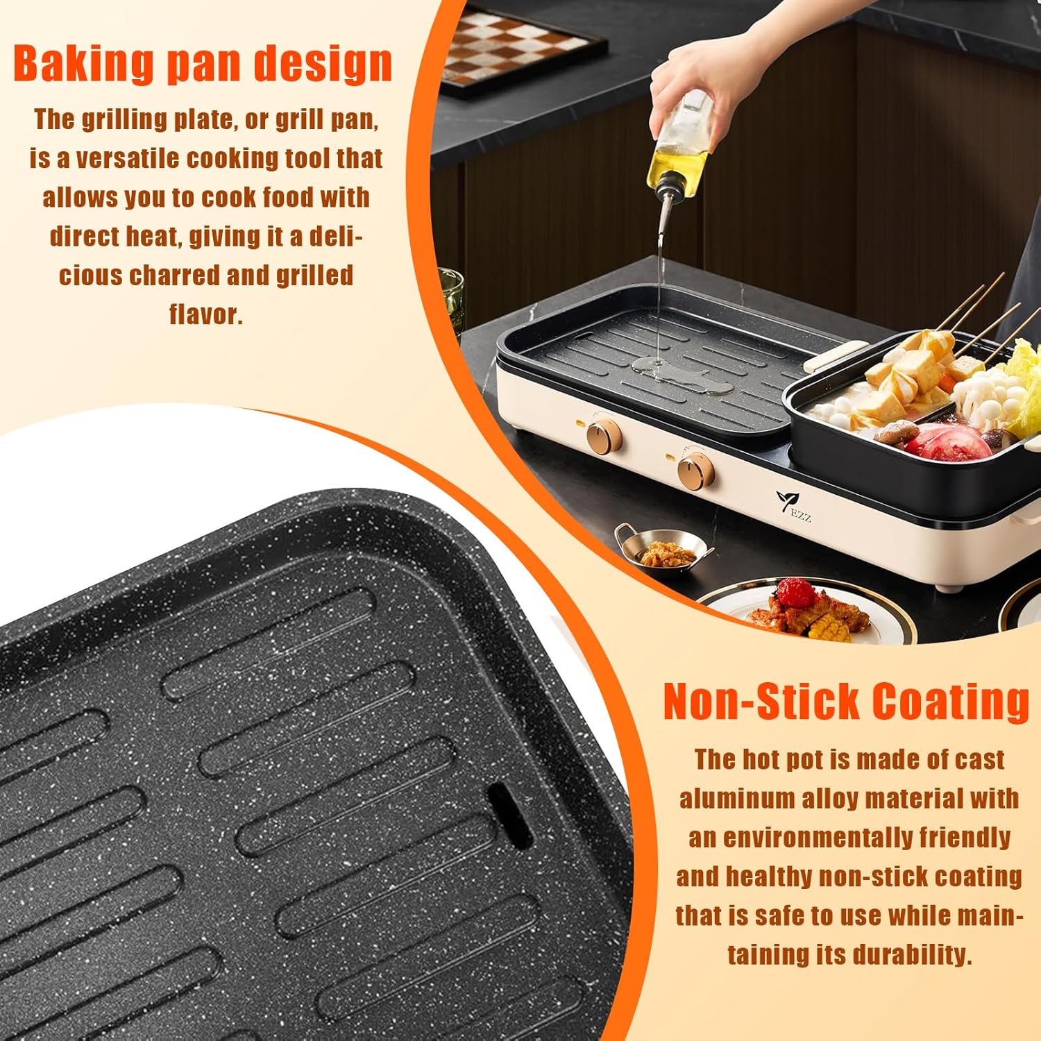 81y0-f84f8L._AC_SL1500_.jpg Electric Hot Pot with Grill,2-10 People Indoor Hot Pot 2 in 1 Multi-function Smokeless Shabu-Shabu Hotpot Korean BBQ Grill for Simmer,Separate Dual Temperature Contral (BEIGE pot) - Image 4