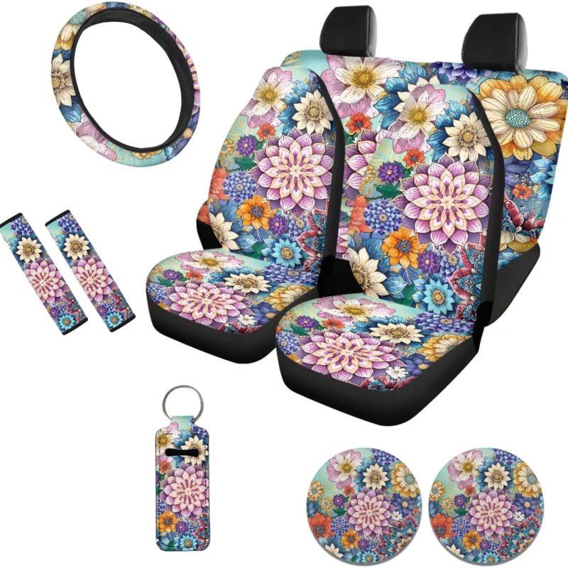 DISNIMO Boho Floral Car Seat Covers Set for Women with Steering Wheel Cover+Seat Belt Pad+Cup Holder Coasters+ Chapstick Holder Keychain Full Set 10 Pack Car Accessories