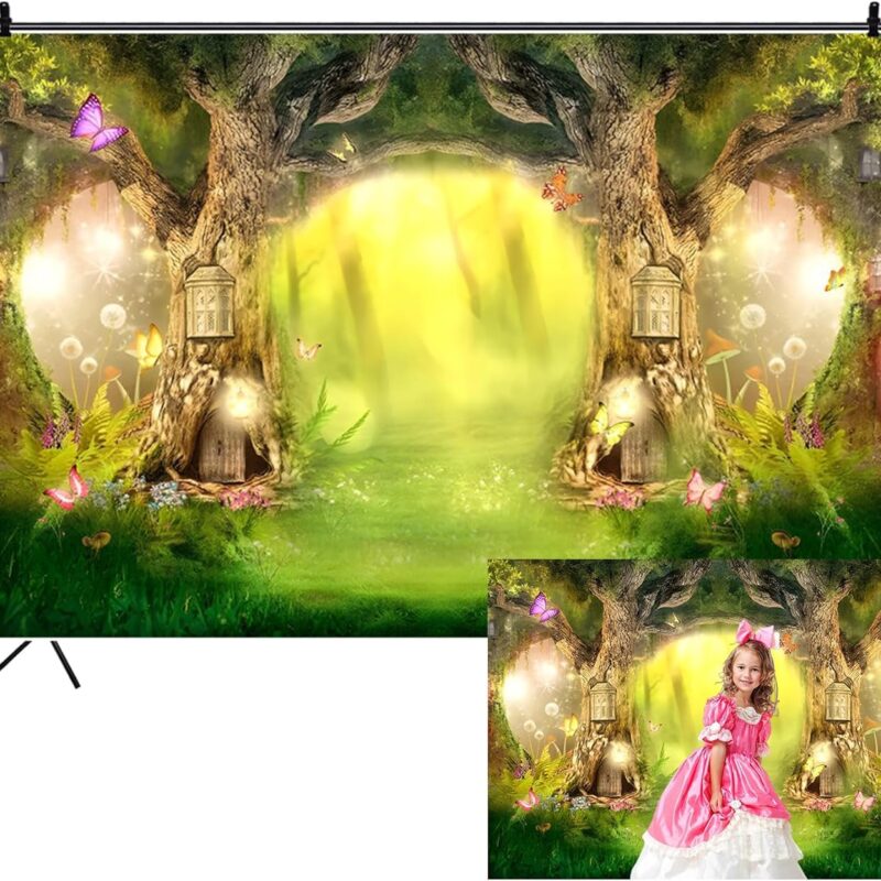 Renaiss 10x8ft Enchanted Forest Backdrop Magic Big Tree House Butterfly Mushroom Fairy Tale Wonderland Jungle Scenery Photography Background for Baby Shower Birthday Party Decor Booth Props