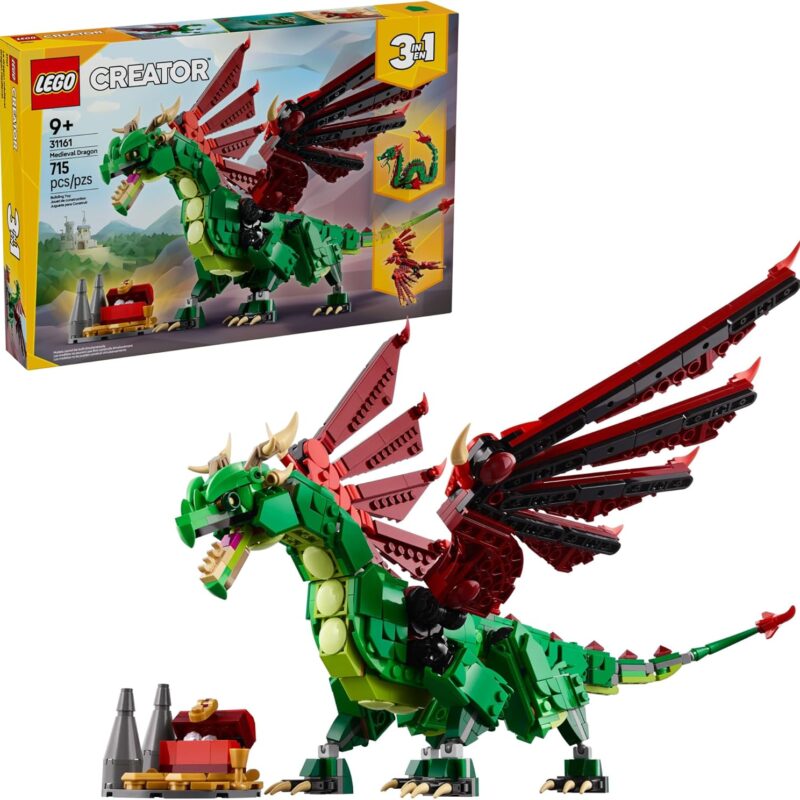 LEGO Creator 3 in 1 Medieval Dragon Toy - Building Toy with 3 Build Options, Dragon, Sea Serpent, or Phoenix - Fantasy Set for Kids, Boys and Girls, Ages 9+ - Gift Idea for Birthdays - 31161