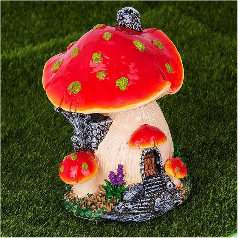 Garden Sculptures Garden Statue Red Mushroom House Mini Landscape House Fairy Garden Decoration Resin Craft Ornament Miniature Fairy Garden Ornament Garden Statues Outdoor