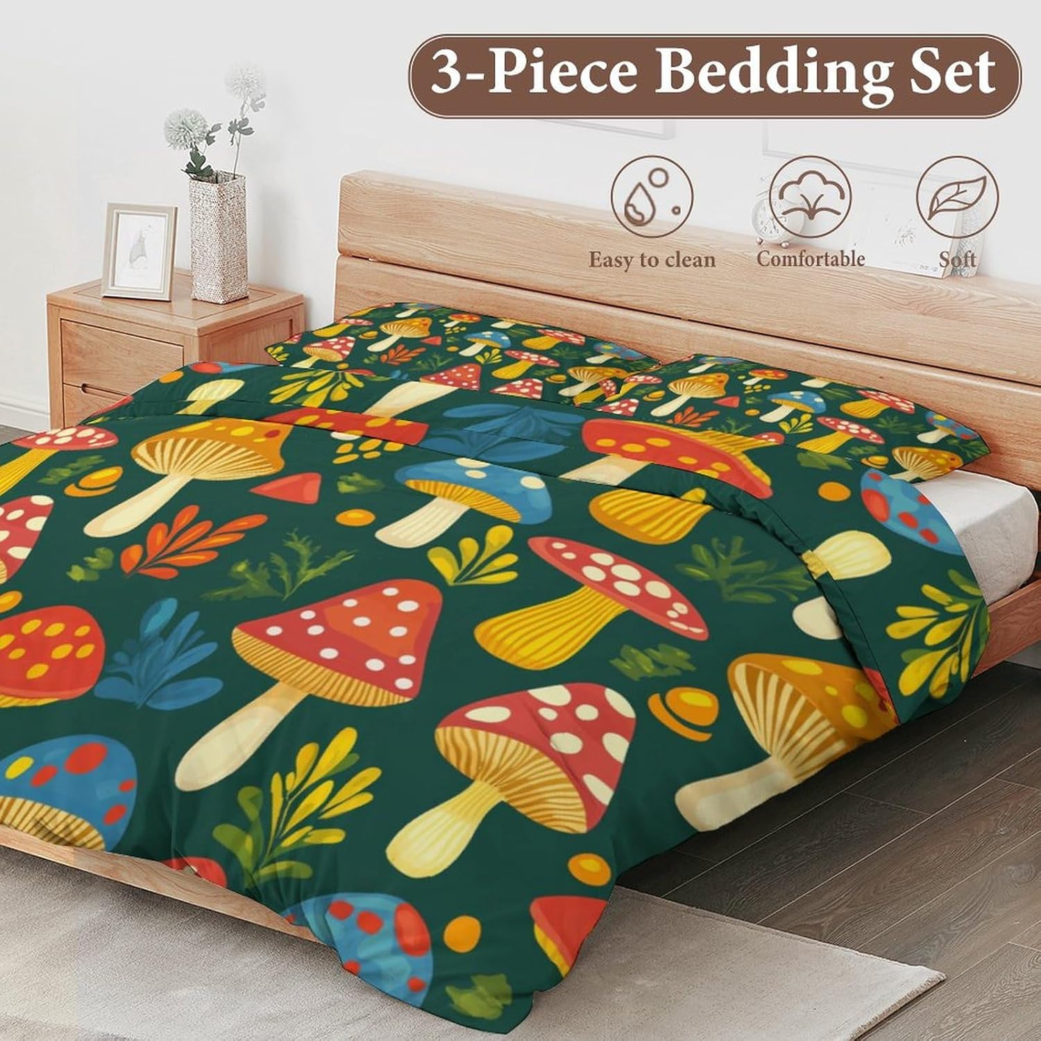 81zQPE5KwWL._AC_SL1500_.jpg Delerain Comforter Cover Set Full Size, Bright Mushrooms 3-Piece Bedding Set for Boys Girls Teens Modern Soft Microfiber Bedroom Set Room Decor, 1 Duvet Cover + 2 Pillowcases - Image 4