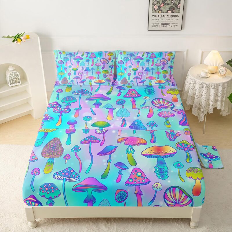 QOOMO Neon Mushrooms Bedding for Kids - Colorful Hippie Style Sheet Set With Glitter Cartoon Wild Fungus - Super Soft Queen Size: 1 Fitted Sheet, 1 Flat Sheet, 2 Pillow Cases