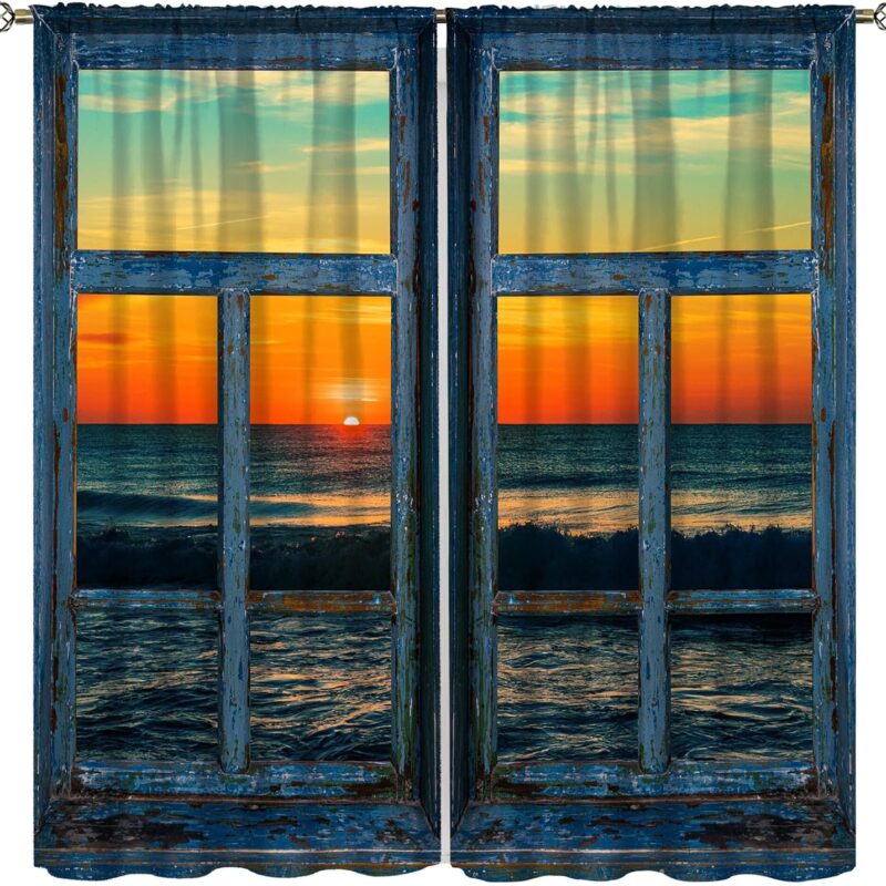 Beach Sunset Blackout Curtians North Entrance Beach Sunrise Sea View Nature Window Treatment for Living Room Decor 21x45in,2 Panel Set