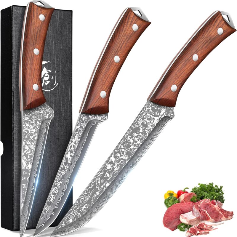 ROCOCO 3PCS Damascus Viking Boning Knife Set for Meat Cutting Deboning Brisket Trimming Fillet knives for Kitchen Camping BBQ Birthday Mothday's Day Gift