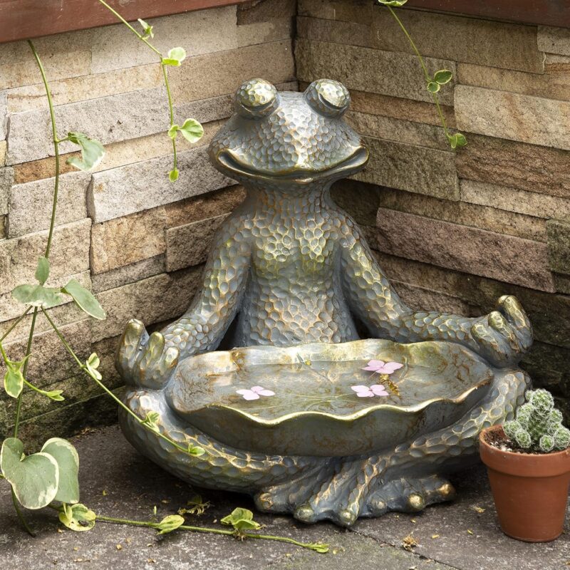 Glitzhome JK85277 Meditating Yoga Frog Outdoor Statue Garden Sculpture Decor with Birdbath, 14.25" H