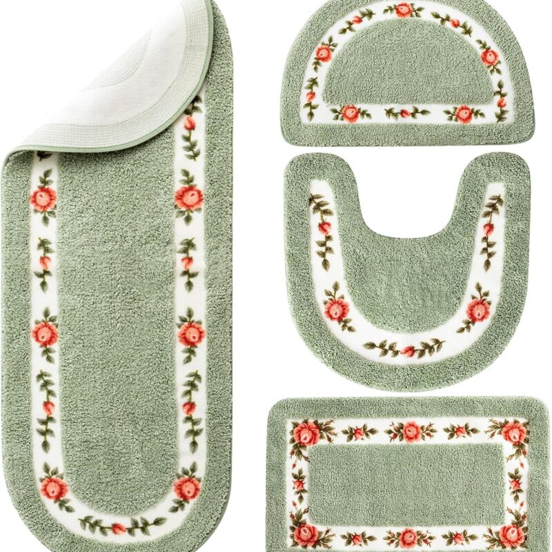 Timgle 4 Pcs Rose Flowers Coquette Bathroom Rugs Set Coquette Doom Decor Rose Flower Area Rugs Non Slip Absorbent Washable Door Mat Floral Bathroom Carpet for Home Hotel, 4 Shapes(Green)