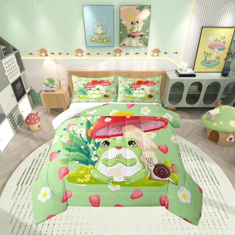 Kawaii Frog Comforter Set Full Size,Pink Strawberry Bedding Set for Girls Women Adult Bedroom Decoration,Kids Red Mushroom Bed Duvet Insert,Cute Cartoon Animals Comforter with 2 Pillowcase