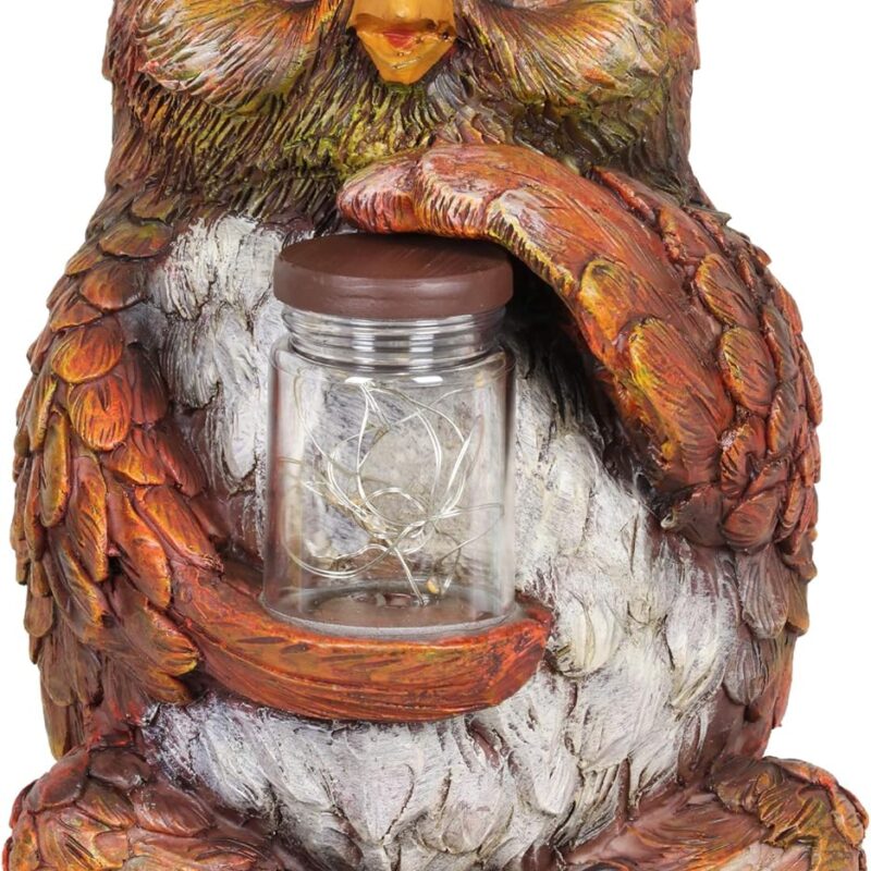Exhart Garden Sculpture, Owl Solar Garden Statue with Glass Jar, 8 LED Firefly Lights, Outdoor Garden Decoration, 7 x 7.5 x 10 Inch