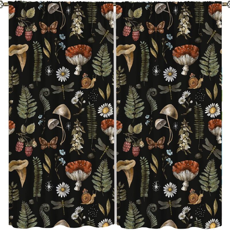 Cartoon Mushroom Curtains for Kids,Autumn Plants Mushroom Berries Butterfly Watercolor Pattern Bedroom Living Room Window Drapes 63x72in