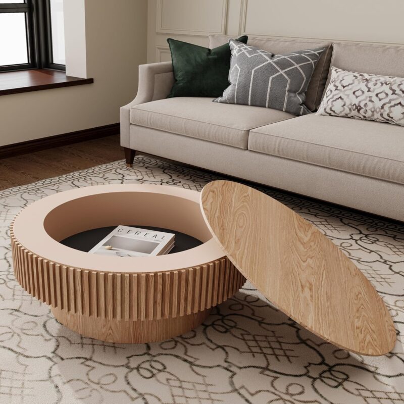 31.5'' Round Coffee Table with Storage, Drum Fluted Coffee Table, Solid Wood Veneered Modern Centre Table Accent Tea Table for Living Room, Bedroom, Apartment or Office (Natural Wood-31.5")