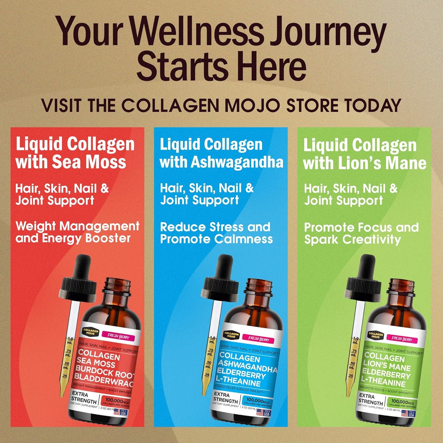 91L0ZoE3avL._AC_SL1500_.jpg Collagen Mojo Liquid Collagen Peptides with Sea Moss, Burdock Root & Bladderwrack + Ashwagandha, Elderberry & L-Theanine + Lions Mane Mushroom, Elderberry & L-Theanine - Image 7