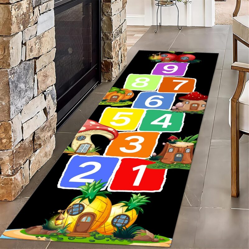 Number 123 Hopscotch Runner Rug, 2.6x7ft, Cartoon Forest Mushroom Indoor Play Carpet for Children, Durable Nursery Decor Bedside Rug, Cozy Soft Shed Resistant Throw Mat for Baby Bedroom
