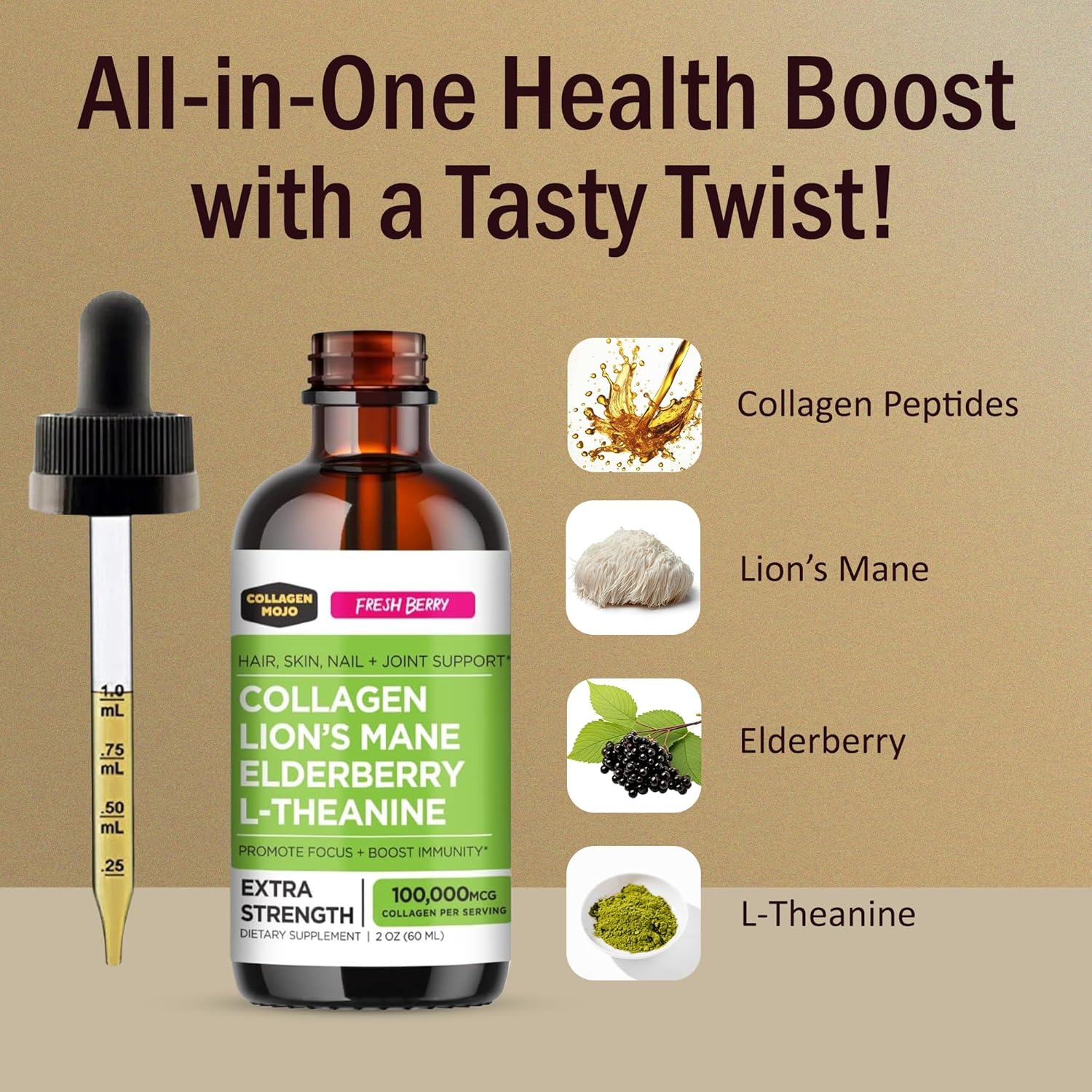 91TuSmECMsL._AC_SL1500_.jpg Collagen Mojo Liquid Collagen Peptides with Sea Moss, Burdock Root & Bladderwrack + Ashwagandha, Elderberry & L-Theanine + Lions Mane Mushroom, Elderberry & L-Theanine - Image 5