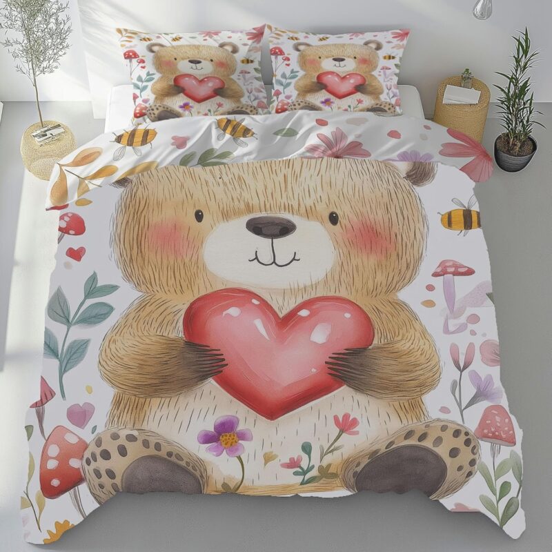 Cute Bear Mushroom Reversible Bedding Set King, Love Heart Wild Fungus Soft Microfiber Duvet Cover, Breathable, Cartoon Animal Print Comforter Cover with Zipper Closure, 3 Pieces