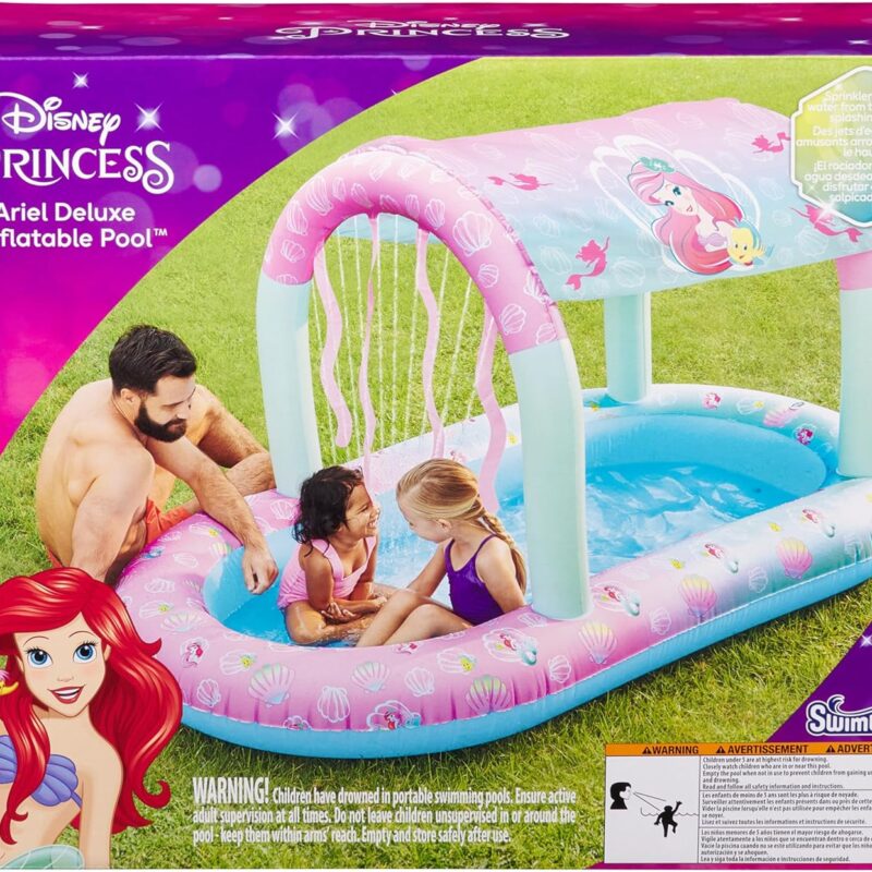 SwimWays Disney Princess Ariel Water Castle Deluxe Inflatable Pool, Above Ground Pool with Canopy and Fast Inflation for Kids Aged Aged 3 & Up