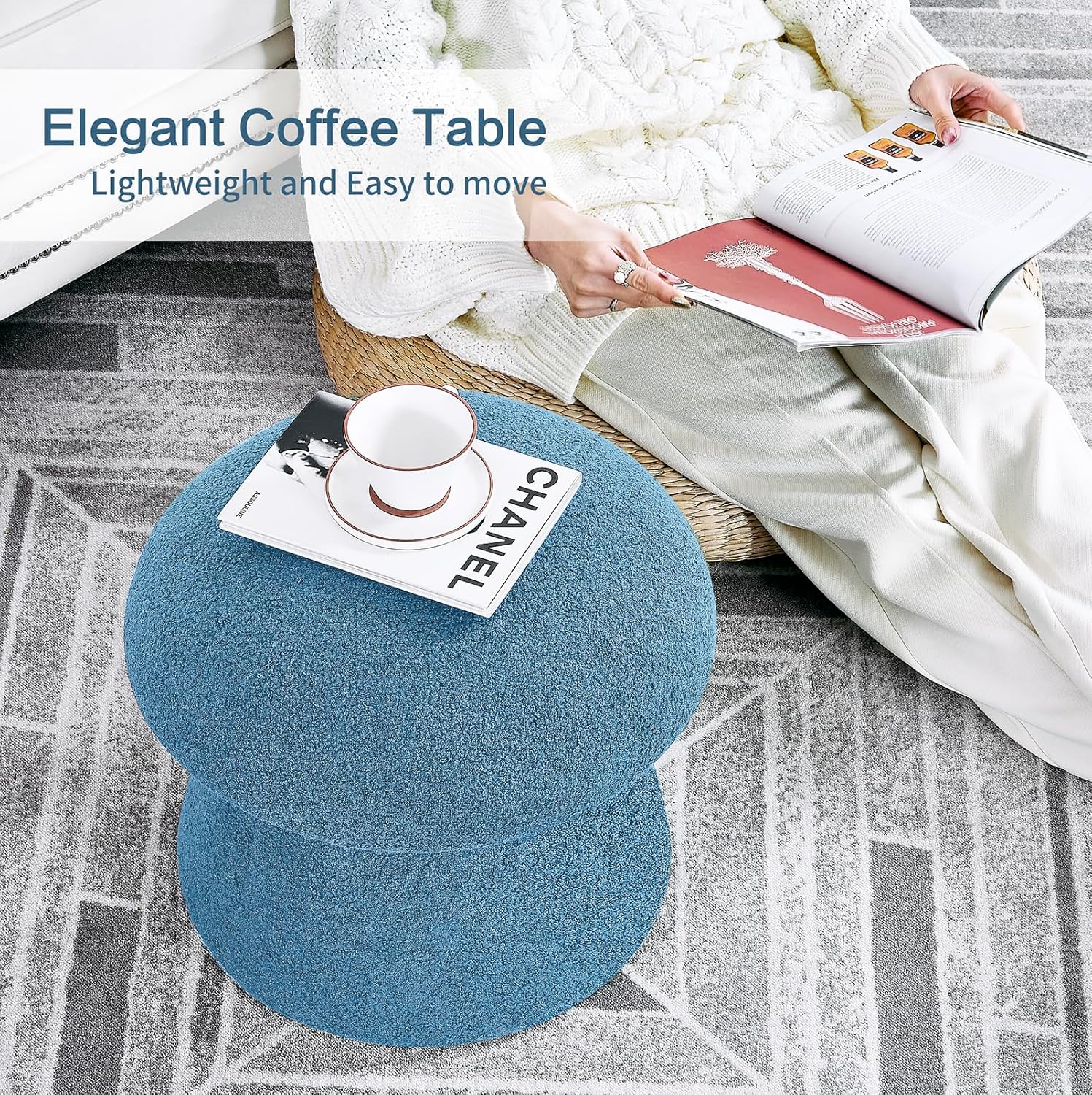 91kLxROLBaL._AC_SL1500_.jpg Crestview Collection 15" Foot Stool Ottoman, Mushroom Ottoman with Storage, Boucle Fabric Round Foot Rest, Vanity Stool, Extra Seating for Living Room, Bedroom, Entryway, Indigo Blue - Image 7