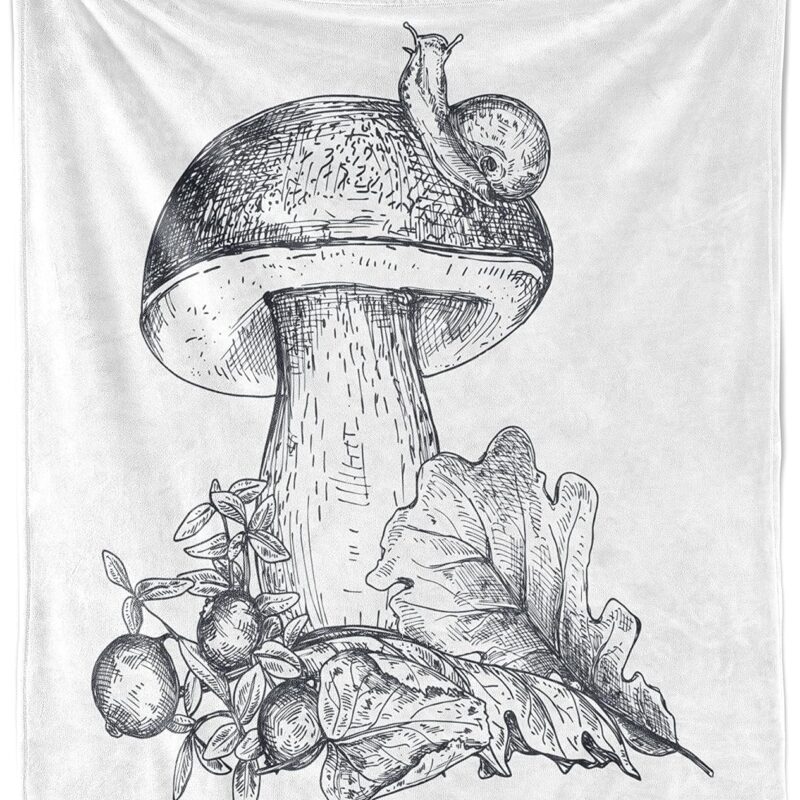 Ambesonne Autumn Throw Blanket, Hand Drawing Mushroom Oak Leaf Snail Fall Season Cranberry Forest Composition, Flannel Fleece Accent Piece Soft Couch Cover for Adults, 60" x 80", Dark Blue Grey