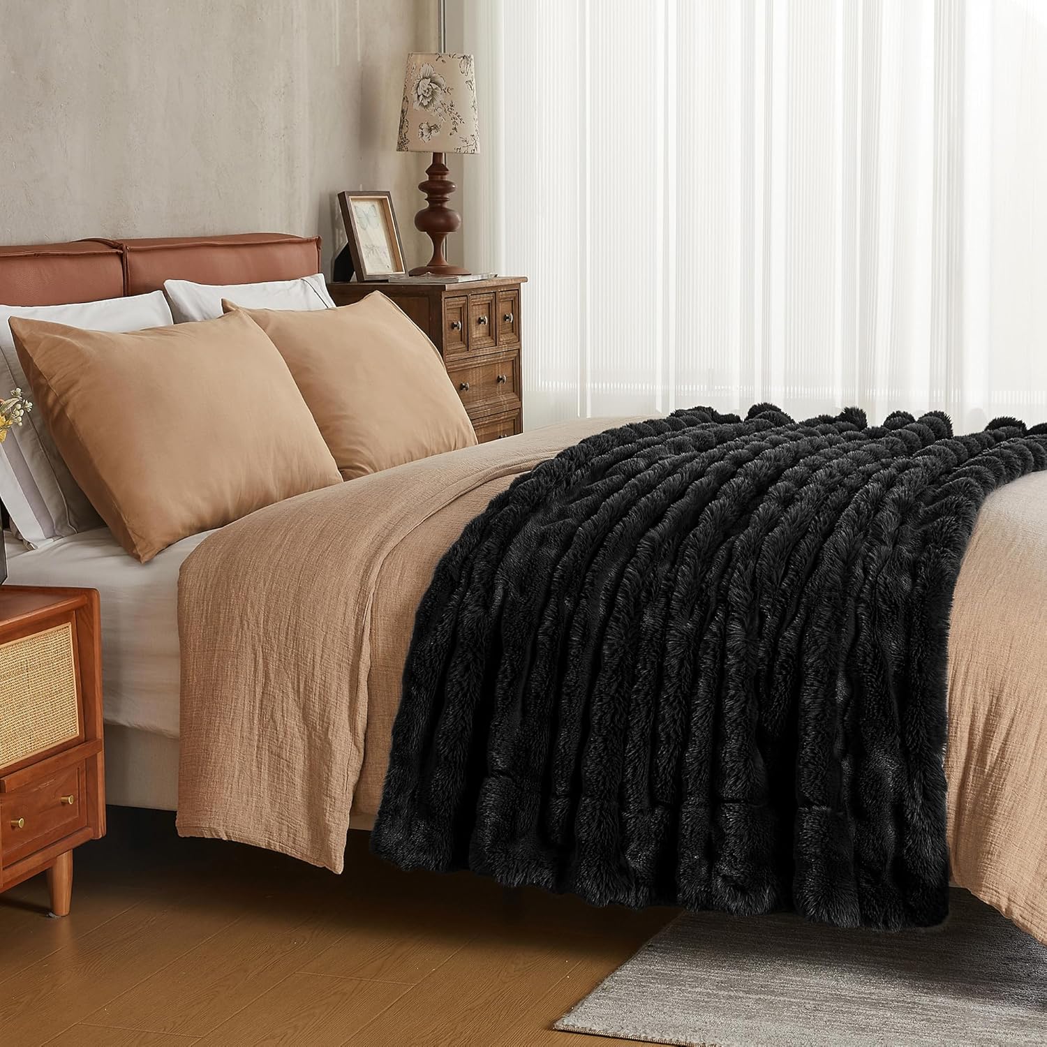 91oekfr8oNL._AC_SL1500_.jpg JELLYMONI Faux Fur Throw Blanket - Plush Black Cozy Blanket for Couch & Bed, Ultra-Soft Fuzzy Texture, Thick Warm Throw for All Seasons, 50"x60" - Image 3