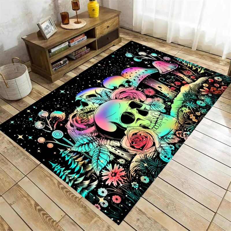Dreamlike Mushroom Area Rug,5x8ft,Fantasy Forest Plant Flower Skull Rug, Cute and Fun Gothic Vintage Mushroom Rug, Soft Non-Slip Durable Rug for Living Room, Bedroom, Dining Room, Kitchen