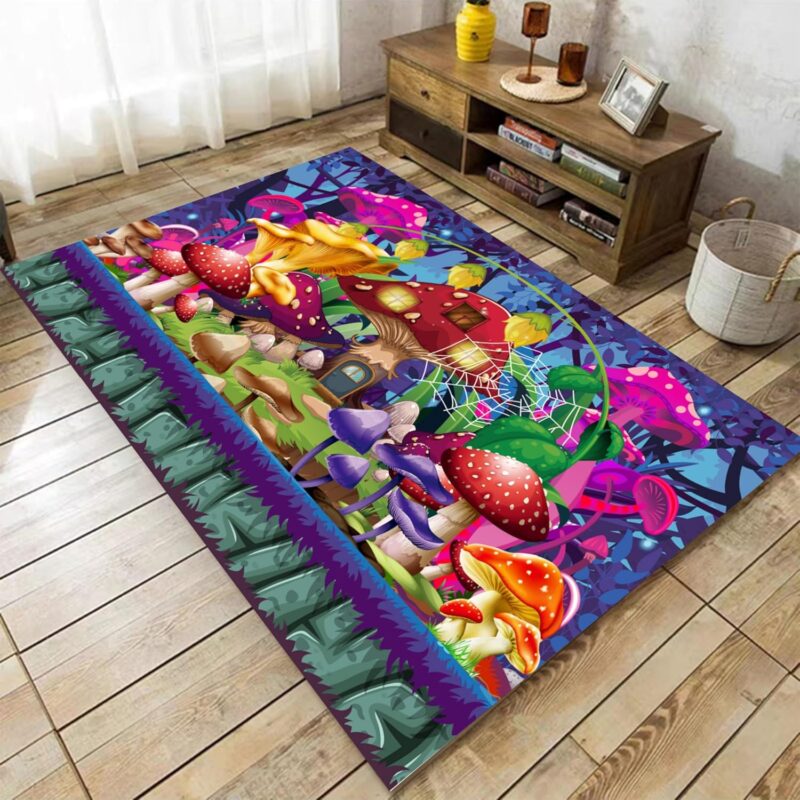 Mushroom Rug, 4x5ft, Cartoon Forest Red Yellow Purple Mushroom Pattern Large Botanical Rug, for Bedroom Living Room Or Kids' Room Non-Slip Aesthetic Carpet for Modern Farmhouse Decor