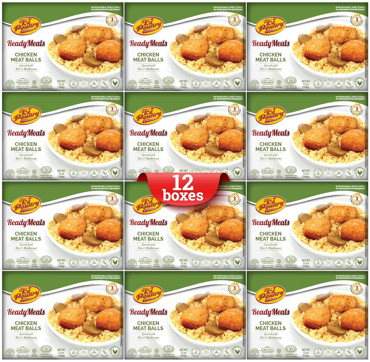 91xoCBTyOoL._SL1500_.jpg KJ Poultry Kosher Ready Meals - Chicken Meat Balls & Mushrooms, MRE Meat Meals Ready to Eat, Halal, (12 Pack) Prepared Entree Fully Cooked, Shelf Stable Microwave Dinner, Travel, Military, Camping