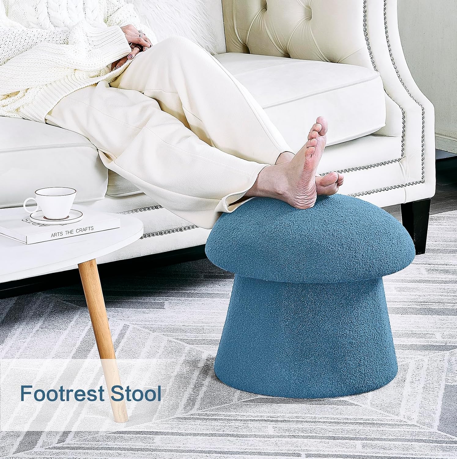 91z0GU7ugEL._AC_SL1500_.jpg Crestview Collection 15" Foot Stool Ottoman, Mushroom Ottoman with Storage, Boucle Fabric Round Foot Rest, Vanity Stool, Extra Seating for Living Room, Bedroom, Entryway, Indigo Blue - Image 4