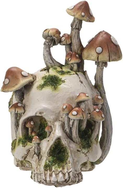 Pacific Giftware Skull with Mushrooms Figurine, 8.27-inch Width, Resin, Home Décor, Tabletop Décor, Halloween
