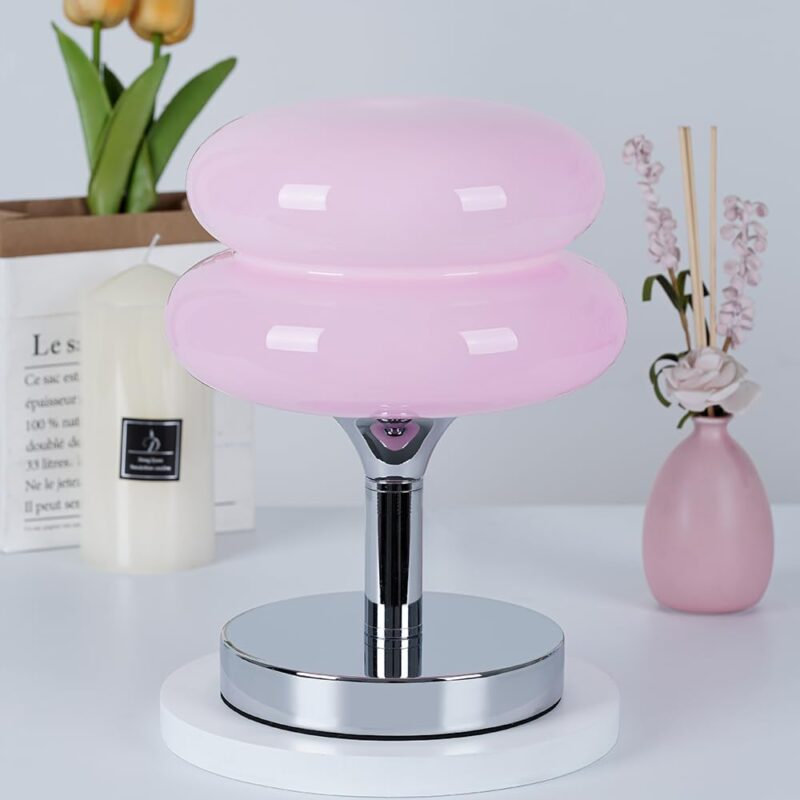 Pink Glass Bedside Lamps, Not Dimmable Egg Tart Lamp for Nightstand, Retro Mushroom Lamp, Aesthetic Desk Lamp for Room Decor