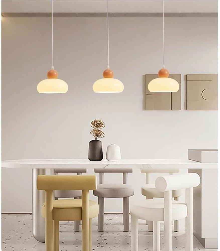 51OAmkkPzWL._AC_SL1000_.jpg Cream Glass Pendant Light Small Mushroom Shade Bedside Ceiling Hanging Lamp with E27 Base Vintage Industrial Iron Chandelier for Dining Room Table Bedroom Kitchen Island - Image 3