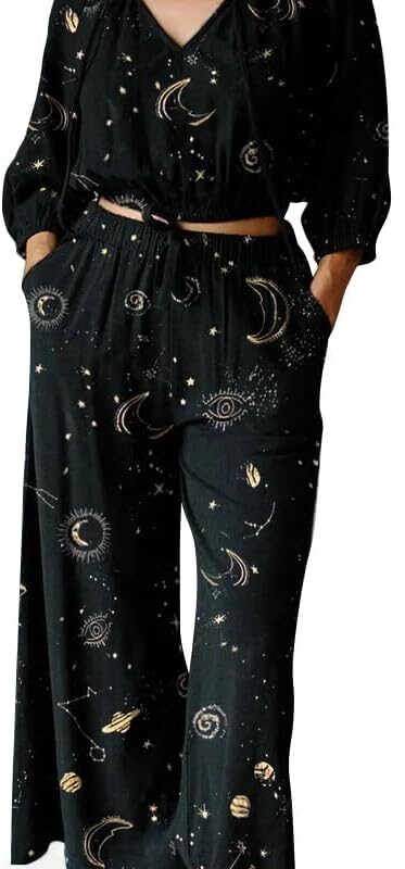 2 Piece Sets for Women Lounge Set Womens Casual Outfit Long Sleeve Crop Top and Wide Leg Pants Boho Matching Clothes