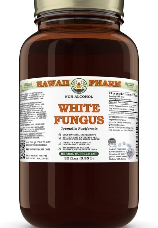 White Fungus (Tremella Fuciformis) Dry Mushroom Glycerite, Made in Hawaii, All Natural, Vegan, Lab Tested Alcohol-Free Liquid Extract - 32 fl.oz