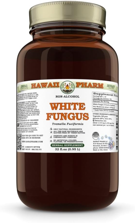 51kFMzZazxL._AC_SL1000_.jpg White Fungus (Tremella Fuciformis) Dry Mushroom Glycerite, Made in Hawaii, All Natural, Vegan, Lab Tested Alcohol-Free Liquid Extract - 32 fl.oz