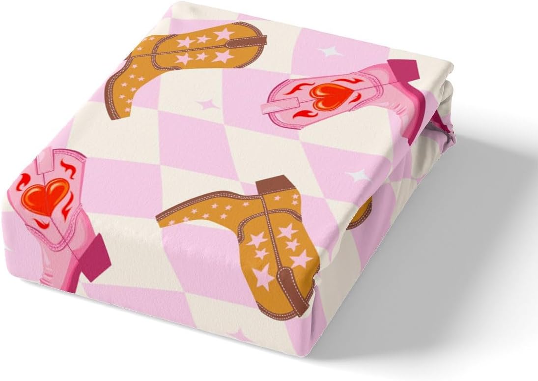 51krJueHS-L._AC_SL1200_.jpg Manfei Cowgirl Boots Bedding Set for Girls Boys Southwest Cowboys Fitted Sheet Pink Grid Checker Geometry Bed Cover Room Decor Pink Beige Brown Sheet Set with 2 Pillowcase,No Top Flat,Queen - Image 5